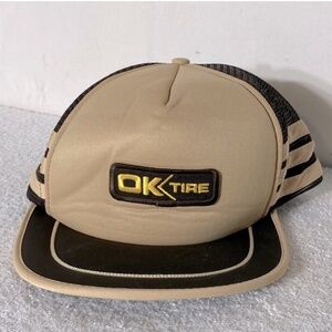 Vintage Beige Brown OK Tire Mesh Back Snap Back Trucker Hat